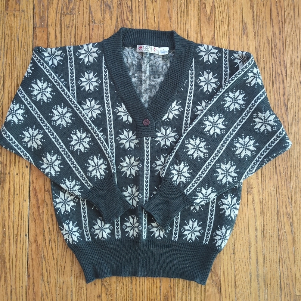HEET Vintage Wool Blend Ski Sweater V-neck Snowflake Green White Size Medium